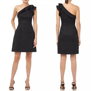 Halston Heritage Black One Shoulder Shimmer Floral Mini Dress Sz 16